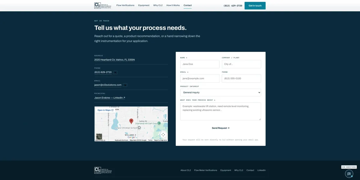 The rebuilt CL2 contact section: a quote request form with company, product interest and process need, routed to Jason