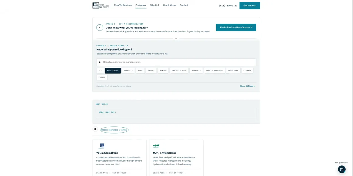 The rebuilt CL2 equipment page: a recommendation path, search, and filters by application