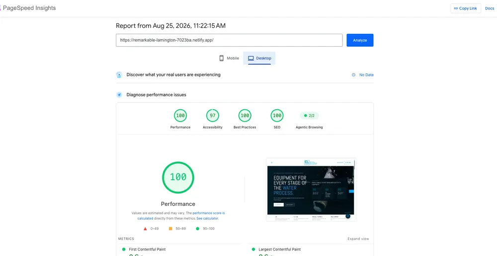 PageSpeed Insights for the rebuilt CL2 site on desktop: all scores 100
