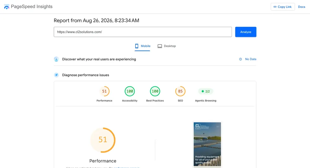 PageSpeed Insights for the original CL2 site on mobile: performance 51